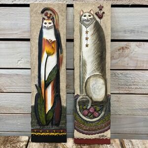 E. Smithson Multi Ceramic Cat Wall‎ Plaque Folk Art Whimsical Set of 2 11x3